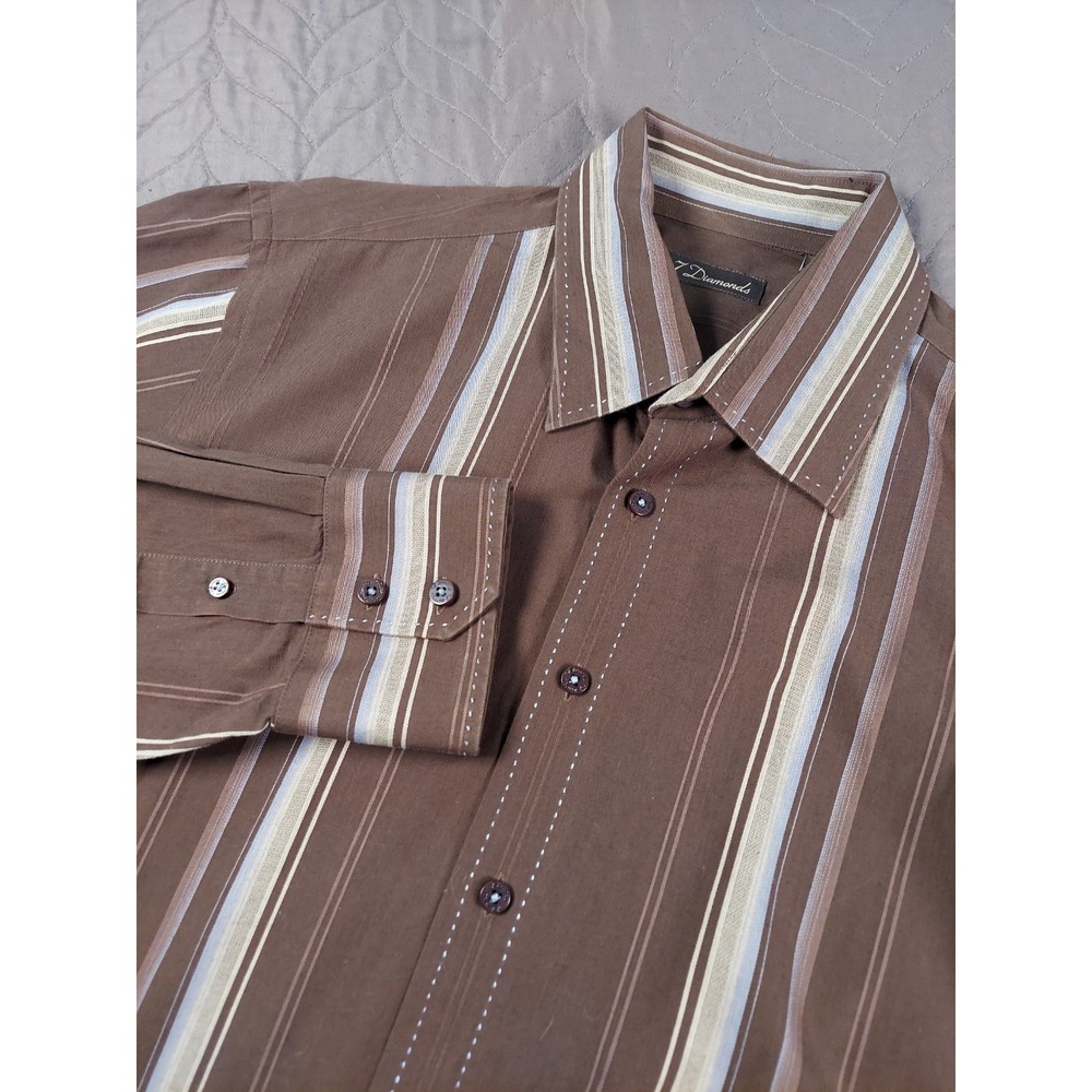 7 Diamonds Mens XL Brown Striped Dress Shirt Classic Button Up Retro Long Sleeve